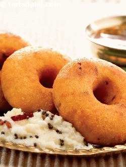 Golden and crispy Medu Vada, a south Indian speciality made from urad dal.