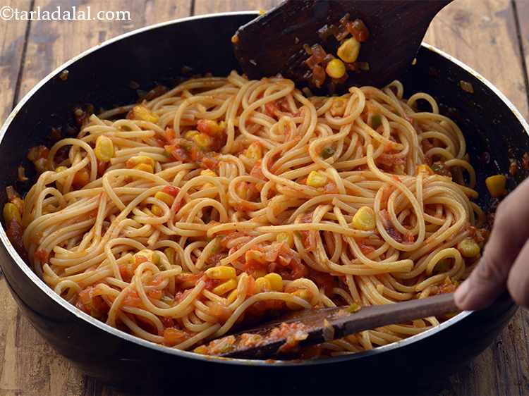 Quick and Easy Indian Veg Spaghetti recipe, Indian style tomato spaghetti